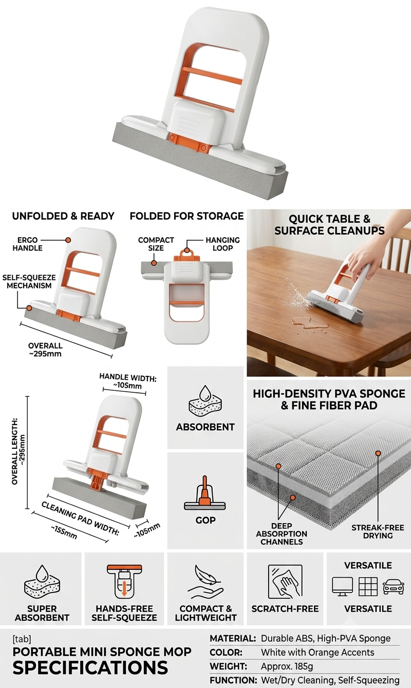 Mini Foldable Sponge Mop, Self-Squeeze Desktop Mop for Small Spaces, Wet & Dry Portable Cleaning Tool for Kitchen Countertops